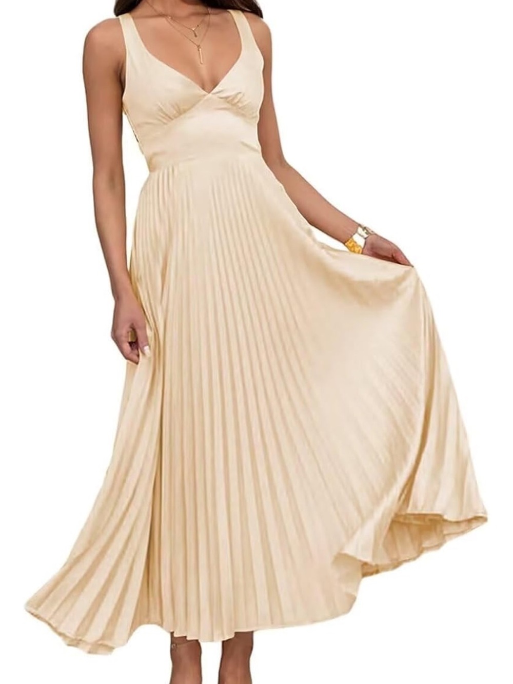Sleeveless Cream Pleated Maxi Dress - V-Neck Elegant Evening Gown